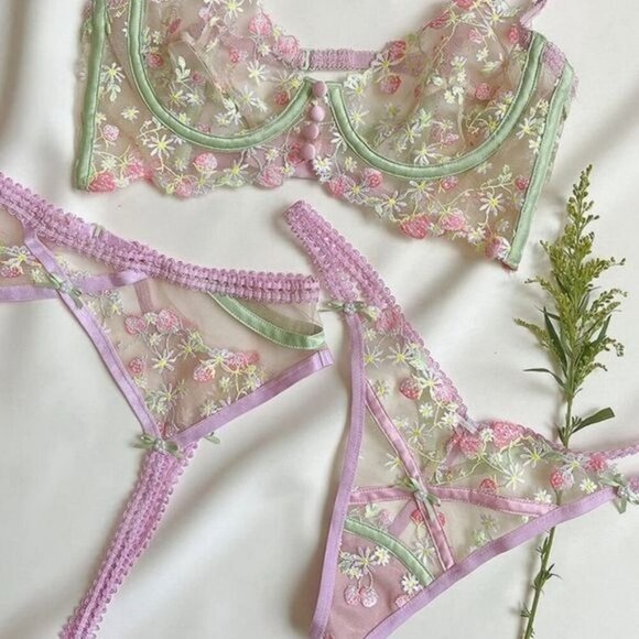 For Love & Lemons ✦ Tutti Fruiti Garter ✦ Shimmer Strawberry Embroidery XS NWT - Picture 4 of 6